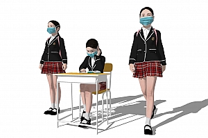亚洲戴口罩小学生人物su模型3个姿态